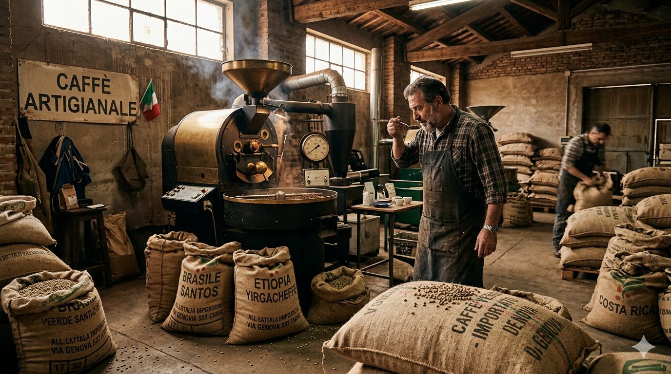 Chicchi di caffè specialty in primo piano, luce cinematografica